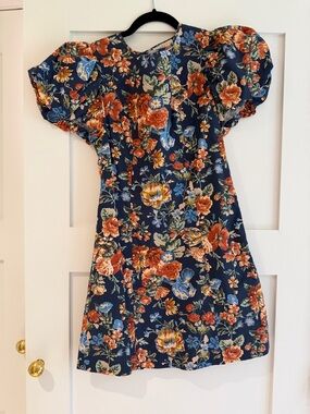Doen Navy Floral Puff-Sleeve Dress with Orange & Blue Blooms